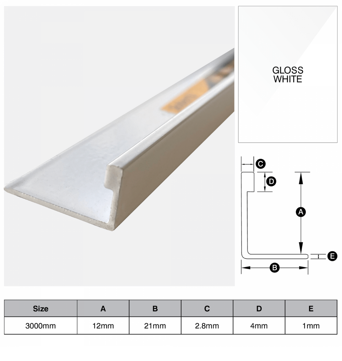 TRIMS - L SHAPE ALUMINIUM 3M - GLOSS WHITE