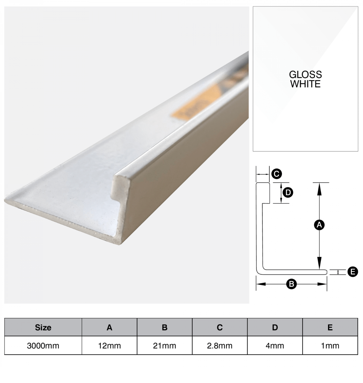 TRIMS - L SHAPE ALUMINIUM 3M - GLOSS WHITE