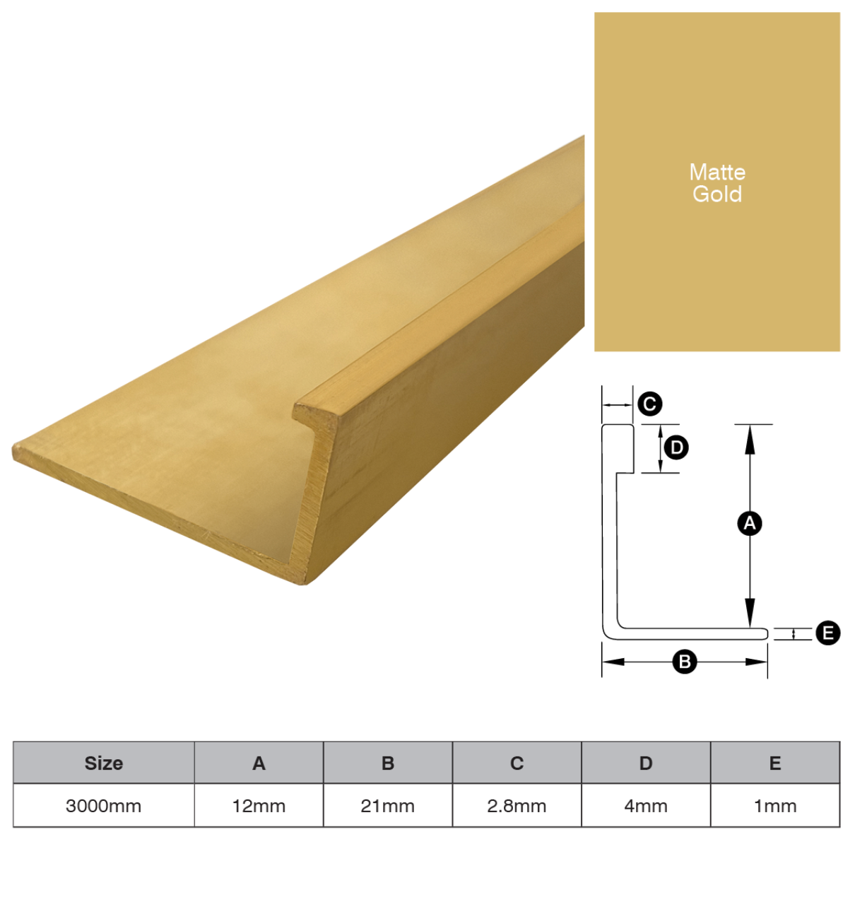 TRIMS - L SHAPE ALUMINIUM ANGLE 3M - MATT GOLD