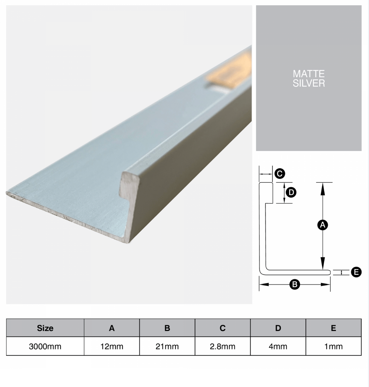 TRIMS - L SHAPE ALUMINIUM 3M - MATT SILVER